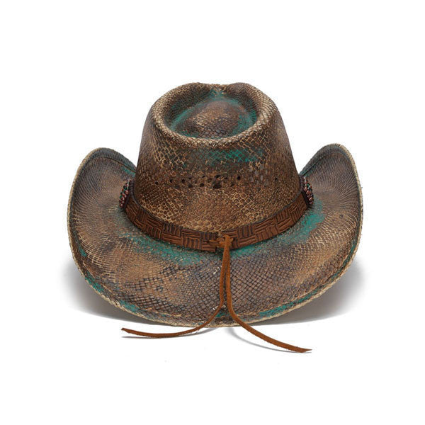 Stampede Hats - Blue Stained Straw Cowboy Hat with Beadwork and Turquoise - Back