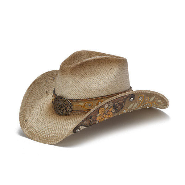 Stampede Hats - Beige Western Hat with Hibiscus Flower and Floral Filigree - Front Angle