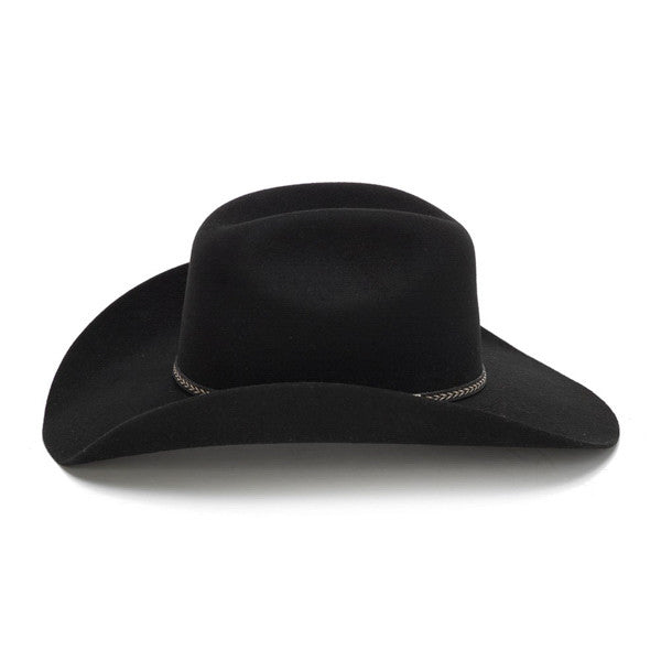 100X Wool Felt Black Cowboy Hat with Leather Tassles - Side