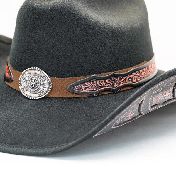 Stampede Hats - Lone Star Black Felt Western Hat with Brown Embossed Trim -  Close Up