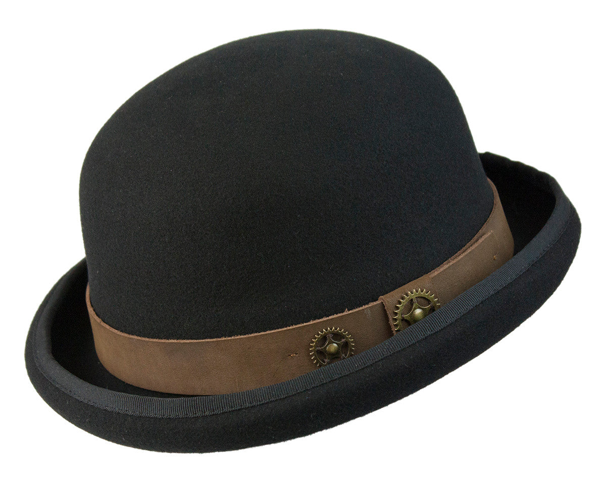 Conner - Steampunk Bowler with Leather Band Black