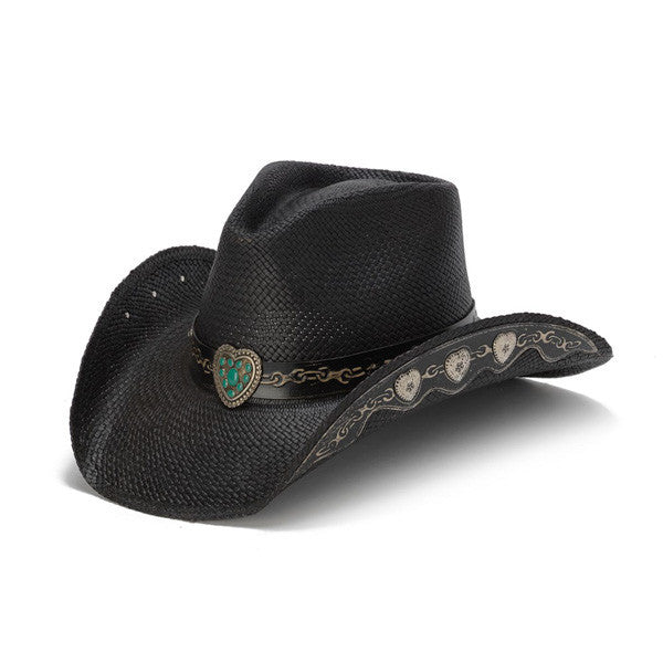 Stampede Hats - Hearts and Chains Black Straw Western Hat - Front Angle