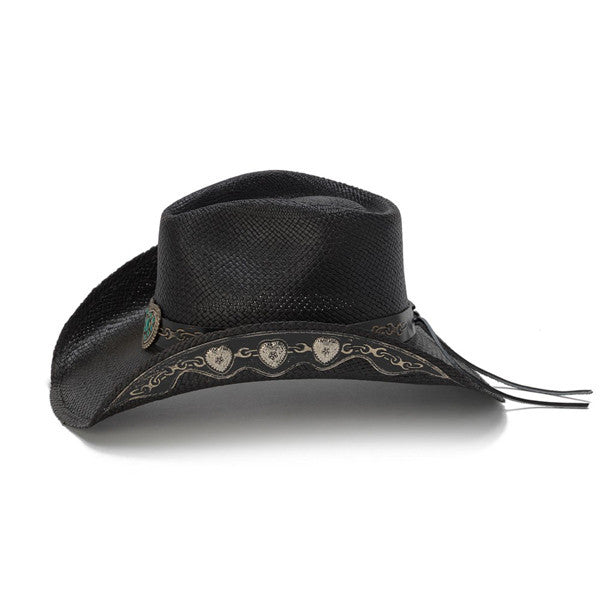 Stampede Hats - Hearts and Chains Black Straw Western Hat - Side