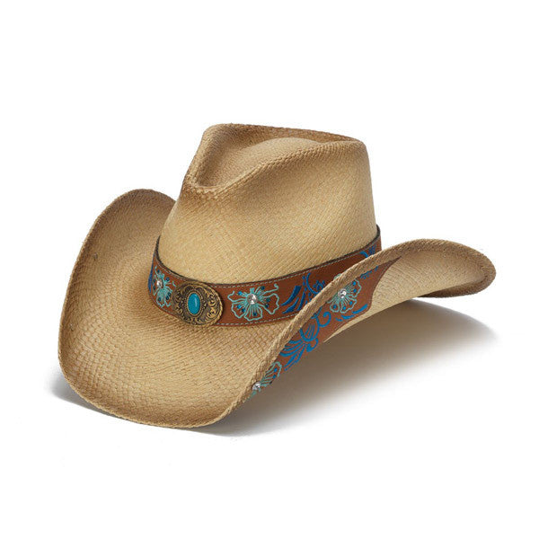 Stampede Hats - Blue Floral Leather Panama Western Hat - Front Angle