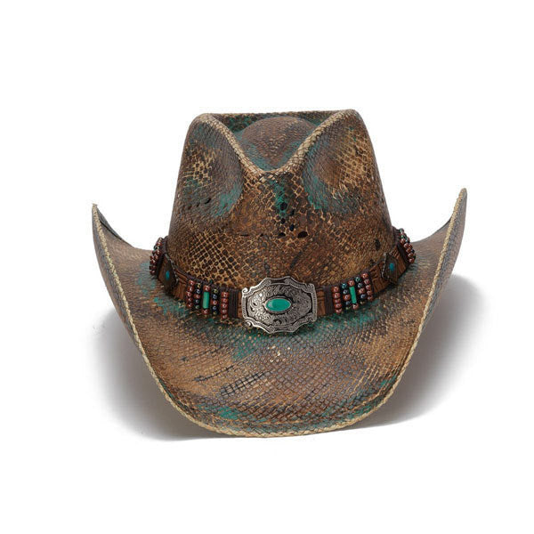 Stampede Hats - Blue Stained Straw Cowboy Hat with Beadwork and Turquoise - Front