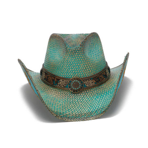 Stampede Hats - Turquoise Aqua Western Hat with Flower Trim - Front