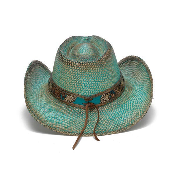 Stampede Hats - Turquoise Aqua Western Hat with Flower Trim - Back