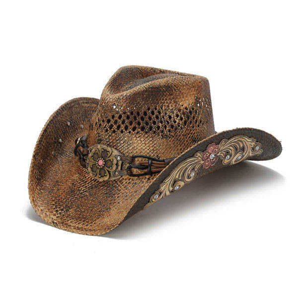 Stampede Hats - Flowers and Rhinestone Brown Cowboy Hat - Front Angle