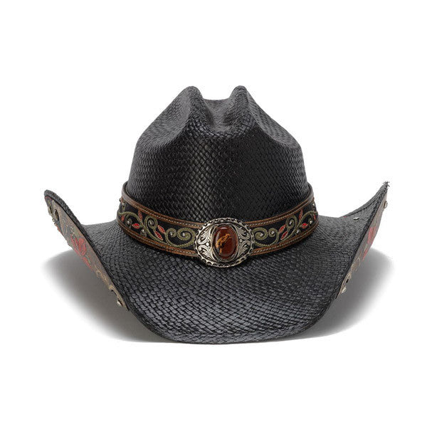 Stampede Hats - Black Cowboy Hat with Red Hibiscus Flower and Rhinestones - Front