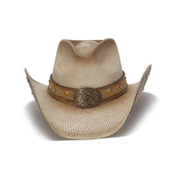 Stampede Hats - Beige Western Hat with Hibiscus Flower and Floral Filigree - Front