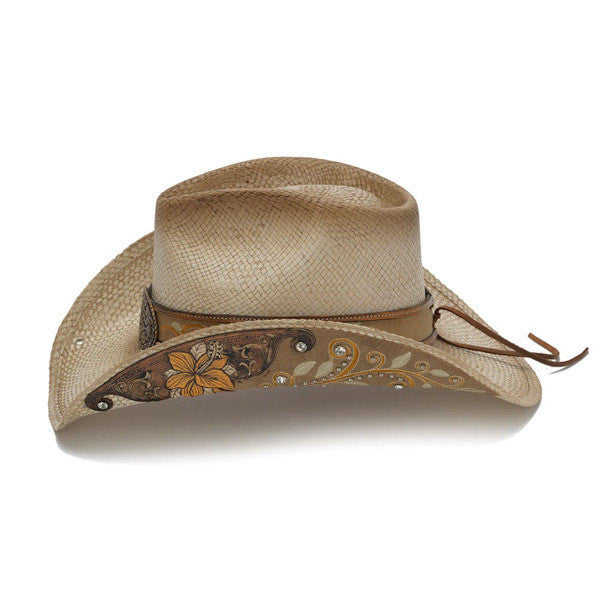 Stampede Hats - Beige Western Hat with Hibiscus Flower and Floral Filigree - Side