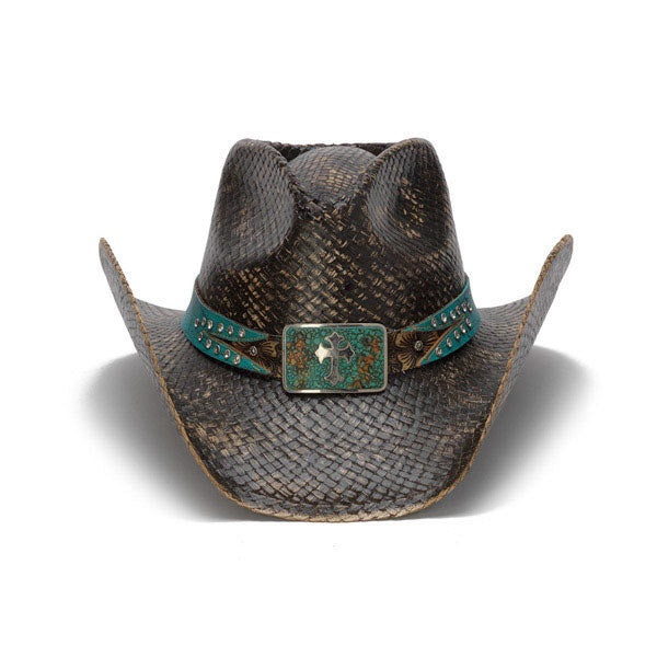 Distressed Black Cowboy Hat with Turquoise Band and Rhinestones - Front