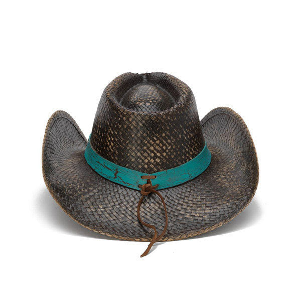 Distressed Black Cowboy Hat with Turquoise Band and Rhinestones - Back