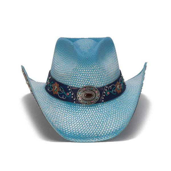 Sky Blue Bohemian Floral Western Hat with Studs and Embroidery - Front