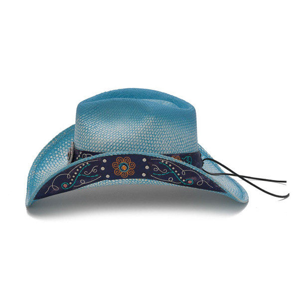 Sky Blue Bohemian Floral Western Hat with Studs and Embroidery - Side