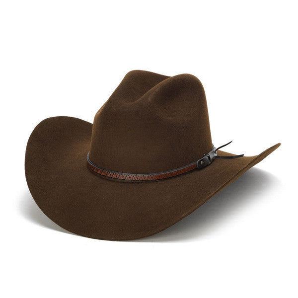 100X Wool Felt Brown Cowboy Hat with Zig Zag Leather Trim - Front Angle