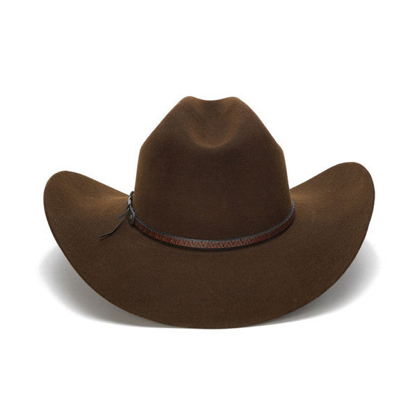 100X Wool Felt Brown Cowboy Hat with Zig Zag Leather Trim - Back