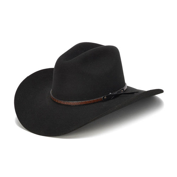 Stampede Hats - 100X Wool Felt Black Cowboy Hat with Zig Zag Leather Trim - Front Angle