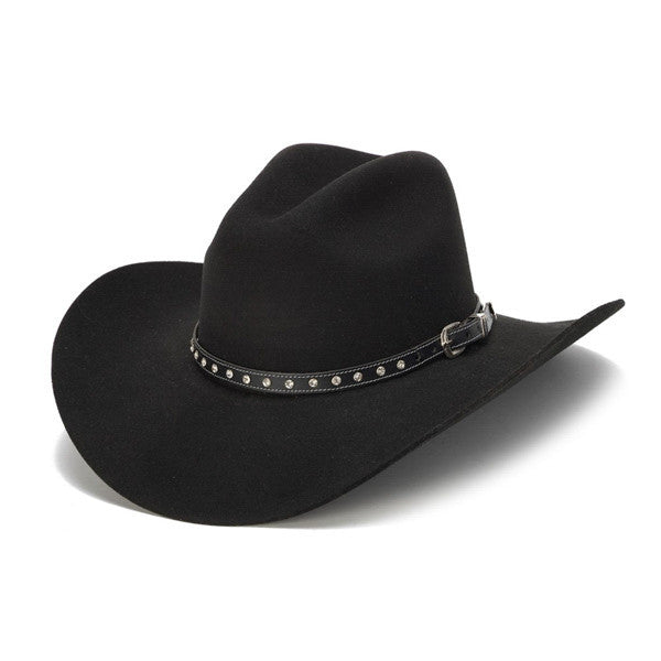 100X Wool Felt Black Cowboy Hat with Rhinestone Leather Trim - Front Angle