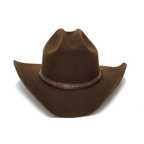 100X Wool Felt Brown Cowboy Hat with Studded Leather Trim - Front