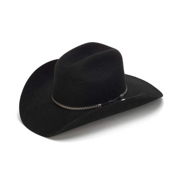 100X Wool Felt Black Cowboy Hat with Leather Tassles - Front Angle