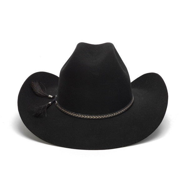 100X Wool Felt Black Cowboy Hat with Leather Tassles - Back