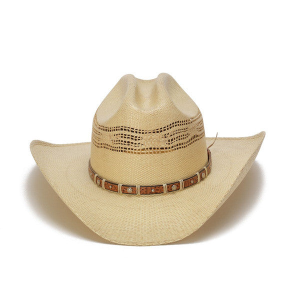 Beige 50X Bangora Cowboy Hat with Studded Wrapped Leather Trim - Front