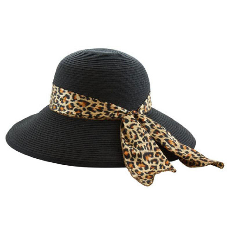 California Hat Company - Black Wide Brim Sun Hat with Leopard Trim