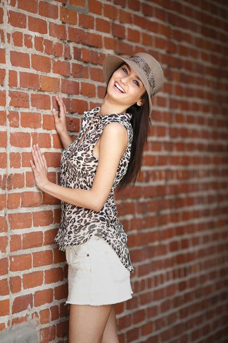 California Hat Company - Bell Hat with Leopard Trim - Model in Brown