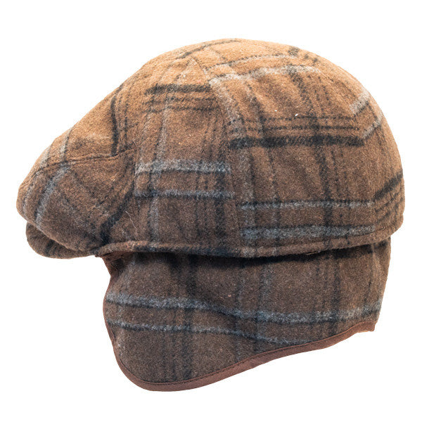 Henschel - Wool Blend Flat Cap with Ear Flaps in Brown - Back/Unfolded
