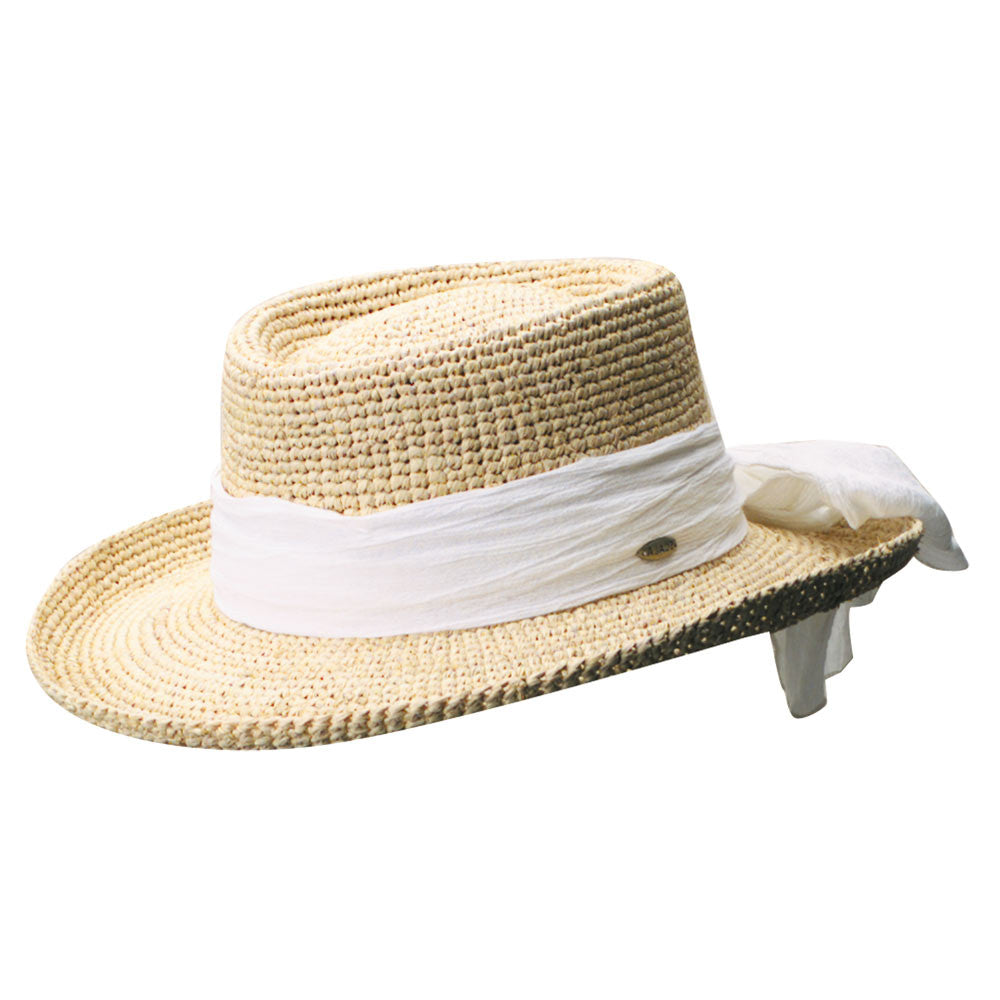 Scala - Manarola Raffia Gambler Hat with Heather Cloth Band in White