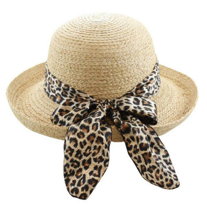 California Hat Company - Beige Straw Up Brim Hat with Leopard Scarf