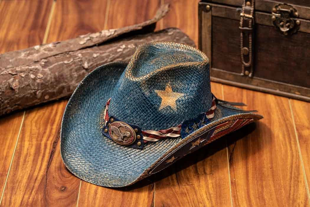 Stampede Hats - Vintage Blue Star American Flag Cowboy Hat (Stock, Lifestyle Image)