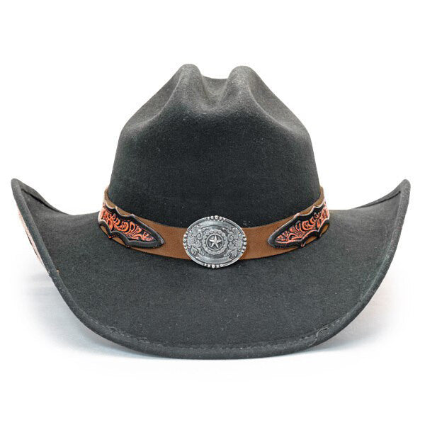 Stampede Hats - Lone Star Black Felt Western Hat with Brown Embossed Trim -  Front