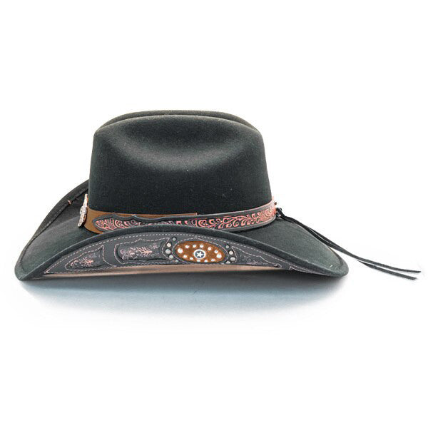 Stampede Hats - Lone Star Black Felt Western Hat with Brown Embossed Trim -  Side