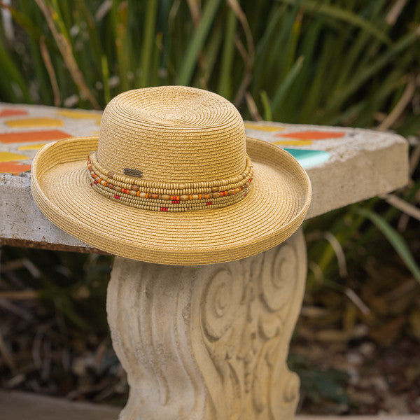 Sun 'N' Sand - Braided Up-Brim Beaded Hat in Tan - Stock Image