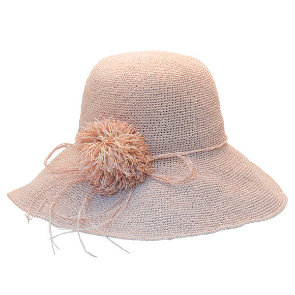 Sun 'N' Sand - Raffia Wide Brim Crocheted Cloche Hat with Raffia Flower Hats - Pink