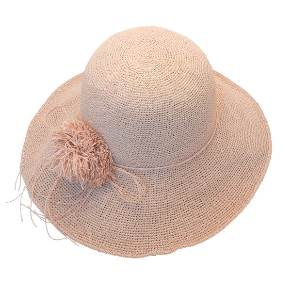 Sun 'N' Sand - Raffia Wide Brim Crocheted Cloche Hat with Raffia Flower Hats - Top