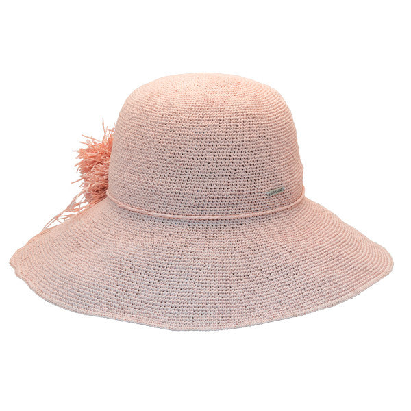 Sun 'N' Sand - Raffia Wide Brim Crocheted Cloche Hat with Raffia Flower Hats - Side